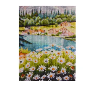 Алмазная мозаика (блестящая) с подрамником, с полным заполнением "Куст ромашки у озера", 22 х 32 см