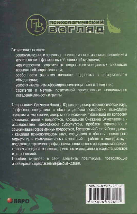 Книга Неформальные объединения молодежи: Профилактика асоциального поведения (Наталья Синягина, Сергей Косарецкий, Снежанна Косарецкая) — 2