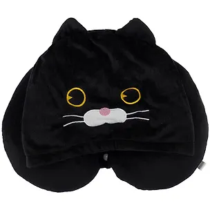 Подушка на шею с кнопкой и капюшоном «Котик», (35х25 см), (чёрный) 2869458