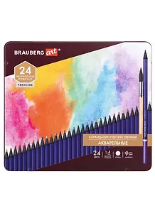 Карандаши художественные цветные акварельные BRAUBERG ART PREMIERE, 24 цв, грифель 4мм металл 181534