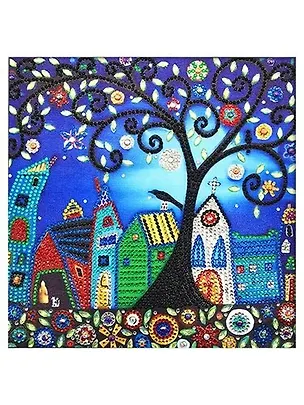 Алмазная мозаика MAZARI Сказочный городок 30х30см частичная выкладка, стразы разного размера 361826