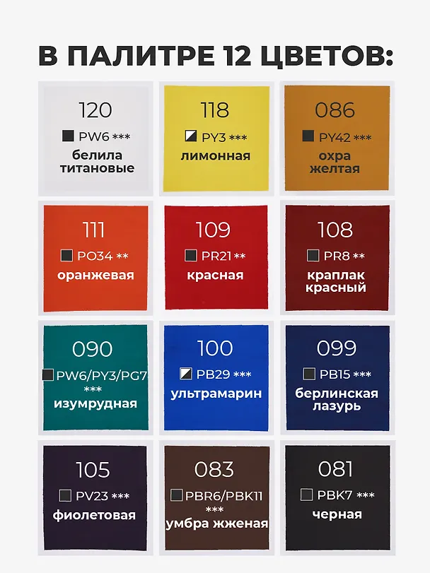Краски гуашевые 12цв 22мл к/к, Малевичъ 3103463 — 3