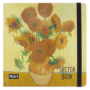 Скетчбук 200*200 80л "Винсент Ван Гог. Подсолнухи" белый офсет 100г/м2, тв.подложка, мат.ламинация, резинка, ляссе