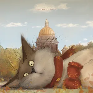 Открытка одинарная СПб Кот и Иссакиевский собор худ.Чувиляева