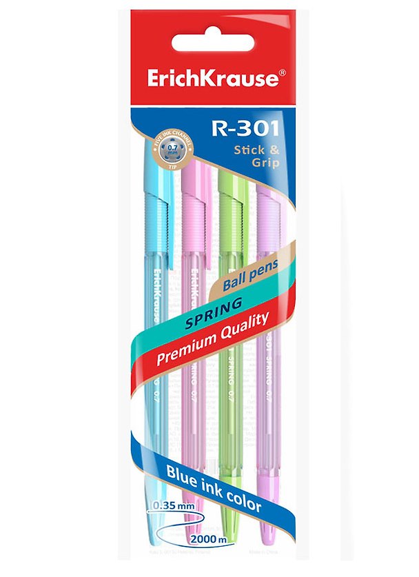 Ручки шариковые Erich Krause, R-301 Spring Stick&Grip, синие 0,7 мм 4 штуки 2928634 — 1
