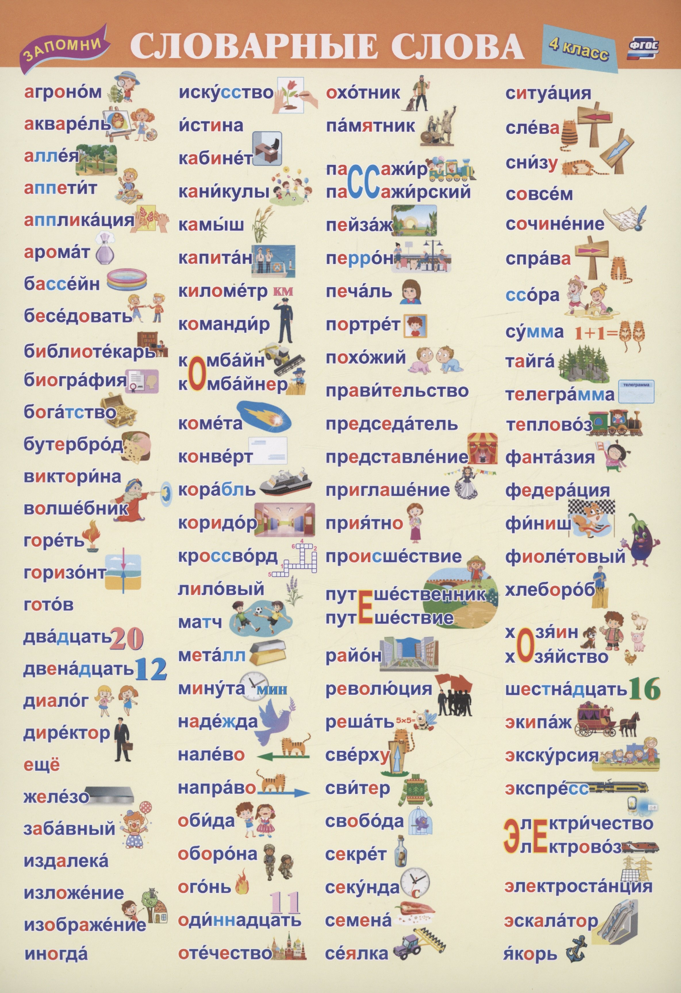Учебный плакат. Словарные слова. 4 класс