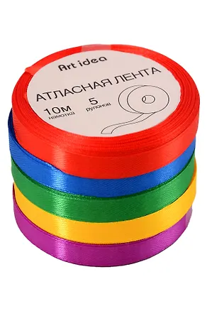 Лента атласная ширина 10 мм, набор 5 цветов по 10м. 3137044