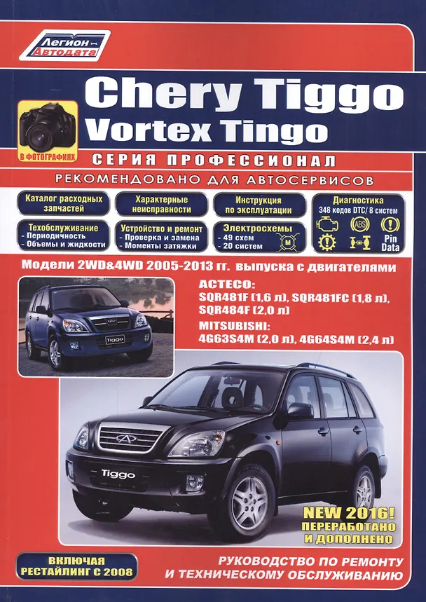Книга Chery Tiggo. Vortex Tingo в фотографиях. Модели 2WD&4WD 2005-2013 гг. выпуска с бензиновыми двигателями: ACTECO: SQR481F (1,6 л.), SQR481FC (1,8 л.), SQR484F (2,0 л.) и MITSUBISHI 4G63S4M (2,0 л.), 4G64S4M (2,4 л.). Включая рестайлинг с 2008 года () — 1