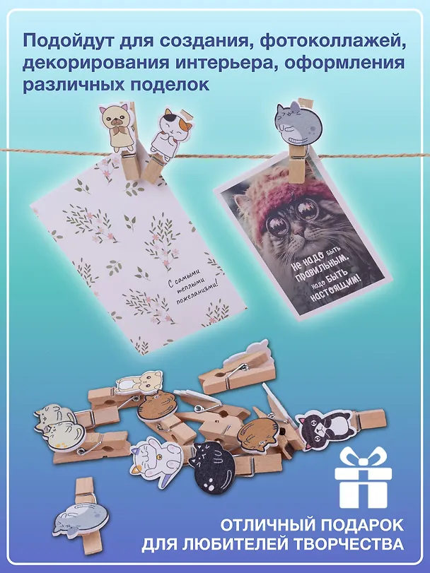 Набор Прищепки декоративные с веревкой Котики (10шт) (11-22535-8396) (упаковка)+Прищепки декоративные с веревкой Пушистики (10шт) (11-22535-8399) (упаковка) 3086680 — 5