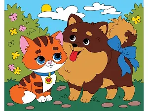 Холст с красками по номерам. Шпиц и котенок, 20х25 см