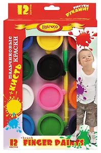 Краски пальчиковые 12цв "Дети" банка 25мл, кисть, к/к, подвес, Limpopo