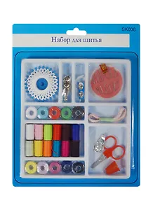 Набор швейный (SK008) (7700184) (нитки/12цв.+нитки на катушках/10цв.+ножницы+пуговицы/2шт+нитковдеватель+иглы/10шт+лента/1шт+кнопки/2 пары+крючки/2 пары+нитка на шпульке-диске/20м/белая+наперсток) (блистер)