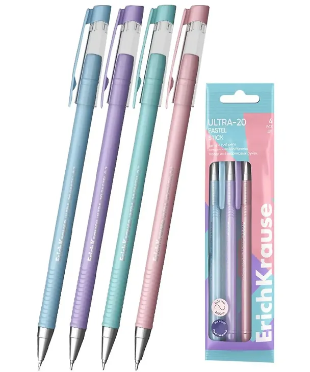 Набор шариковых ручек синих 0,7 мм, ULTRA-20 Stick Pastel, Erich Krause, 4 штуки 3116051 — 2