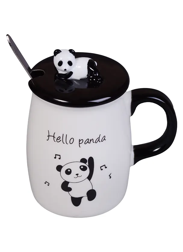 Кружка с крышкой и ложкой Hello Panda (керамика) (400мл) 2619281 — 1