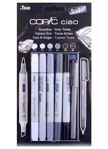Набор маркеров Copic Ciao оттенки серого 5цв + мультилинер 0.3мм 