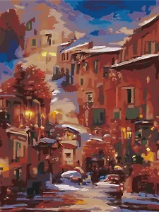 Картина по номерам 30х40 см. 30 цветов. На подрамнике.  "Вечерний городок"