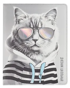 Дневник шк. "Кот в худи" кожзам, тв.переплёт, поролон, аппликация, полноцв.печать, одно ляссе, загругл.углы, универс.шпаргалка