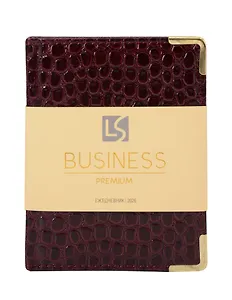 Ежедневник дат. 2026г. А6 176л "Business Premium. Lizard" бордо, 7Б, иск.кожа, обл.поролон, тв.переплет, мет.уголки, тонир.блок, зол.торец, справ.мат-лы, 2 ляссе, инд.уп