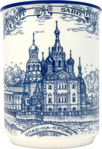 Сувенир АКМ Кружка Спас-на-Крови фарфор.(под гжель) h=10см, d=8см 400мл, индивидуальная коробка  060-5-01 319672 — 1