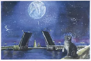 Открытка 10*15 СПб коты Дворцовый мост, О/008/001