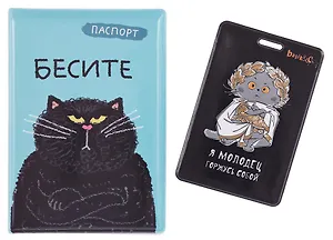 Набор Я молодец Обложка д/паспорта, картхолдер (Обложка для паспорта Бесите (кот) (ПВХ бокс)+Чехол для карточек вертикальный Басик Я молодец горжусь собой)