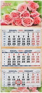 Календарь квартальный 2024г 310*680 "Букет роз" настенный, трёхблочный, спираль