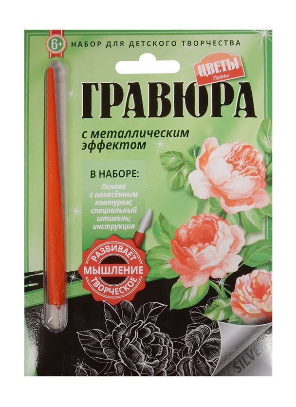Гравюра с метал. эффект. Пионы (4680018760217) (основа, штихель, инструкция) (Цветы) (6+) (упаковка) 2507902 — 1