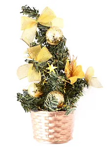 Елка декоративная с желтыми украшениями в корзиночке (пластик) (20 см)