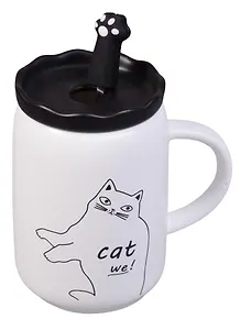 Кружка с крышкой и ложкой-лапкой Cat (керамика) (350мл)