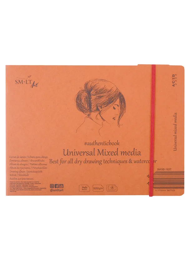 Скетчбук 24,5*18,4см 18л "SMLT Art Mixed media authenticbook", на резинке, 200г/м2, белый, сшивка 2932226 — 1
