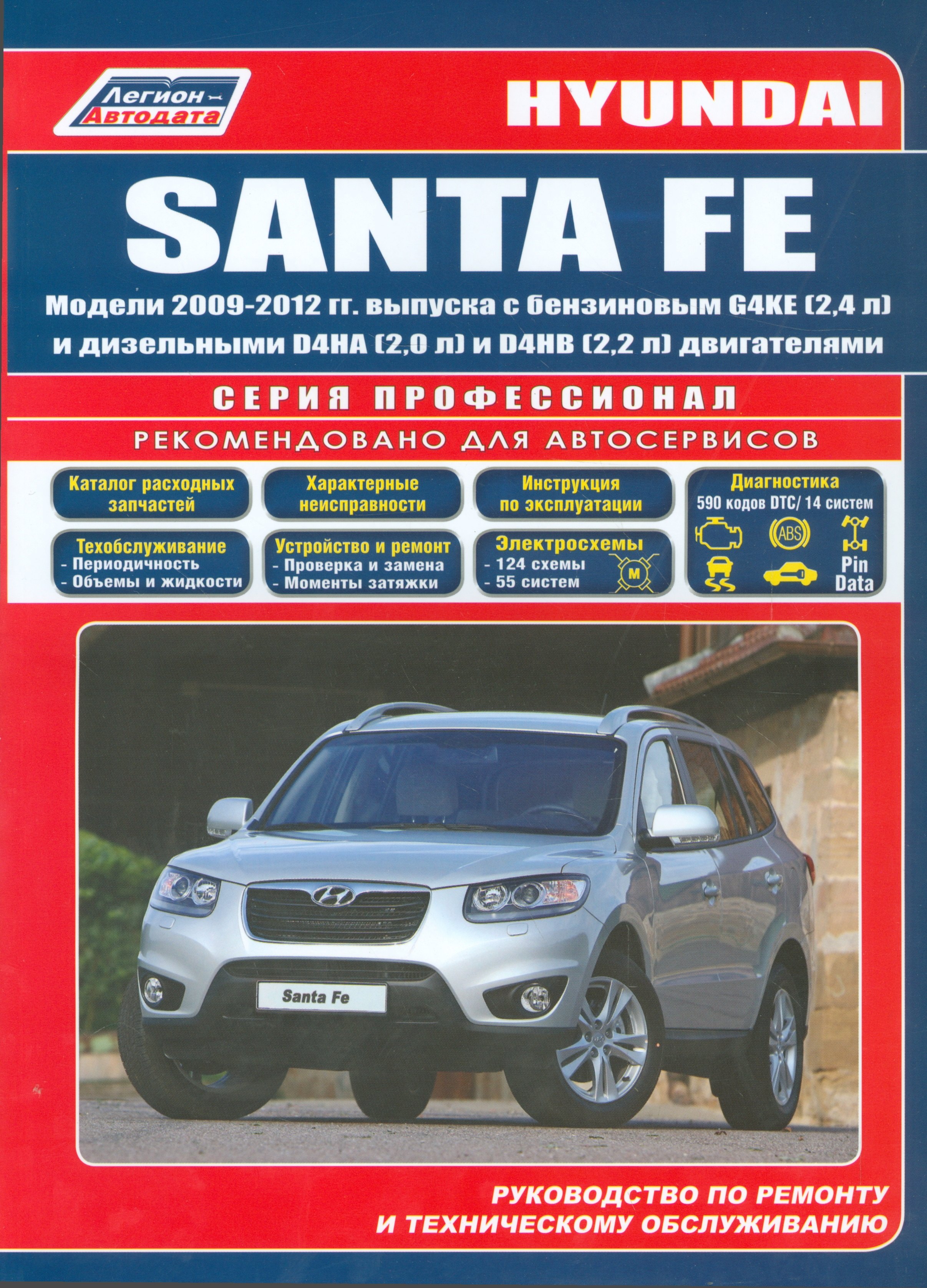 

Hyundai SANTA FE. Модели 2009-2012 гг. выпуска с бензиновым G4KE (2,4 л.) и дизельными D4HA (2,0 л. Common Rail), D4HB (2,2 л. Common Rail) двигателями. Руководство по ремонту и техническому обслуживанию