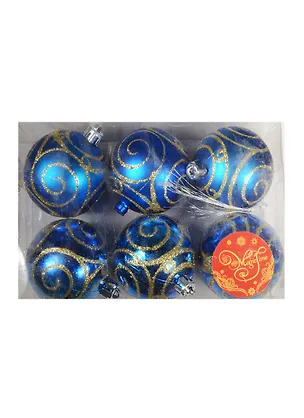 Набор шаров (6шт) (6см) Синие с золотым и белым узором пластик (35532) 2480399