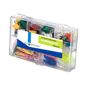 Набор канцелярский цветной 5отд., скрепки цв. 28мм 40шт, зажимы 15мм 8шт, зажимы 19мм 6шт, пласт.зажимы 4шт, гвоздики 12шт, пласт.уп., Silwerhof