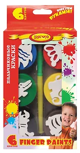Краски пальчиковые 06цв "Дети" банка 25мл, кисть, штампы, к/к, подвес, Limpopo