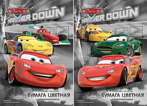 Бумага цветная 10цв 10л А4 "Cars" самоклеящаяся, 2цв металлиз., 4цв флюоресц., карт.папка, Disney 228113 — 1