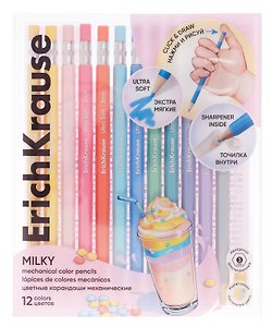 Карандаши цветные 12цв "Pastel Milky" механические, шестигранные, точилка, пласт.уп, подвес, ErichKrause