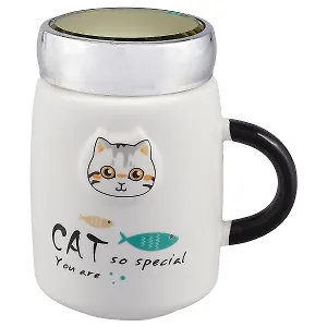 Кружка с зеркальной крышкой Кошачья мордочка с рыбкой (керамика) (350 мл) (12-06618-1739)