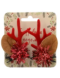 Заколки новогодние Рожки олененка с ушками и мишурой (2шт) (текстиль) (12-6142-HNY22)