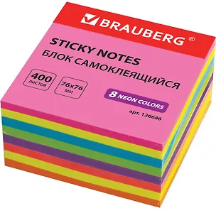 Блок бумаги 76*76мм самоклеящийся 400л 8цв неон, BRAUBERG 2937120