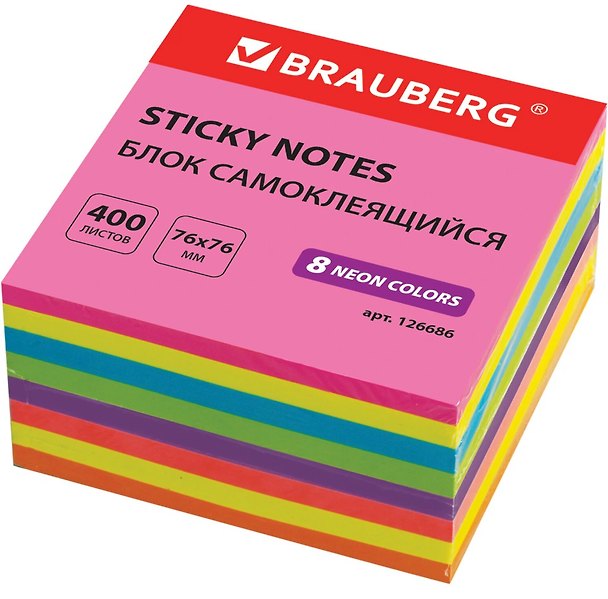 Блок бумаги 76*76мм самоклеящийся 400л 8цв неон, BRAUBERG 2937120 — 1