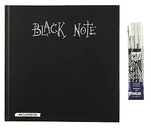 Комплект. Black Note. Альбом для рисования на черной бумаге + Комплект из 2-х белых ручек и белого карандаша WTJ_INSPIRATION