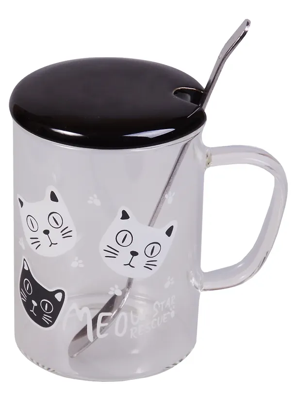 Кружка с крышкой и ложкой Meow (стекло) (350мл) 2619259 — 1