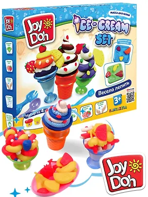 Масса для лепки Joy Doh, набор Ice-cream Set - Мороженое, доп. пресс-формы для фруктов, 10 аксессуаров, 4 баночки с тестом (4 х 50г) 3121531