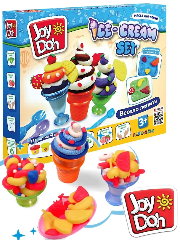 Масса для лепки Joy Doh, набор Ice-cream Set - Мороженое, доп. пресс-формы для фруктов, 10 аксессуаров, 4 баночки с тестом (4 х 50г) 3121531 — 1