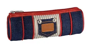 Пенал-косметичка овальный 1отд. 20*4.5*6.5см ткань "джинс", вставка из ткани, окантовка из искусств. кожи, сине-красно-серый, PROFF