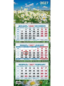 Календарь квартальный 2027г 195*465 "Ромашки в поле" настенный, трёхблочный, спираль