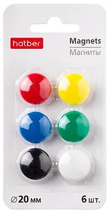 Магниты 06шт 20мм цветные, блистер, Hatber