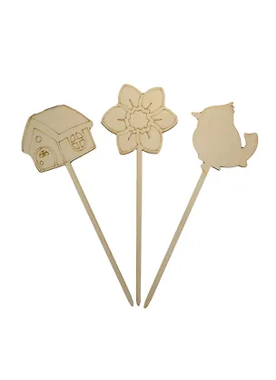 Набор-10 Украшения на шпажках (141270) (3шт) (75мм) (цветок птичка домик) (игрушка из дерева) (упаковка) 2410538