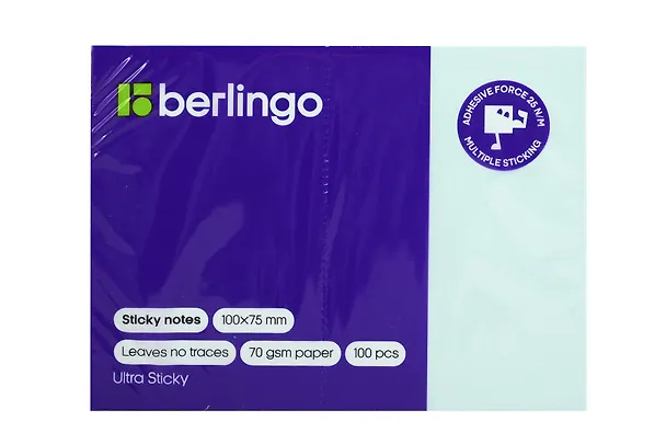 Блок бумаги 75*100 "Ultra Sticky" самоклеящийся голубой 100л, Berlingo 3119702 — 1