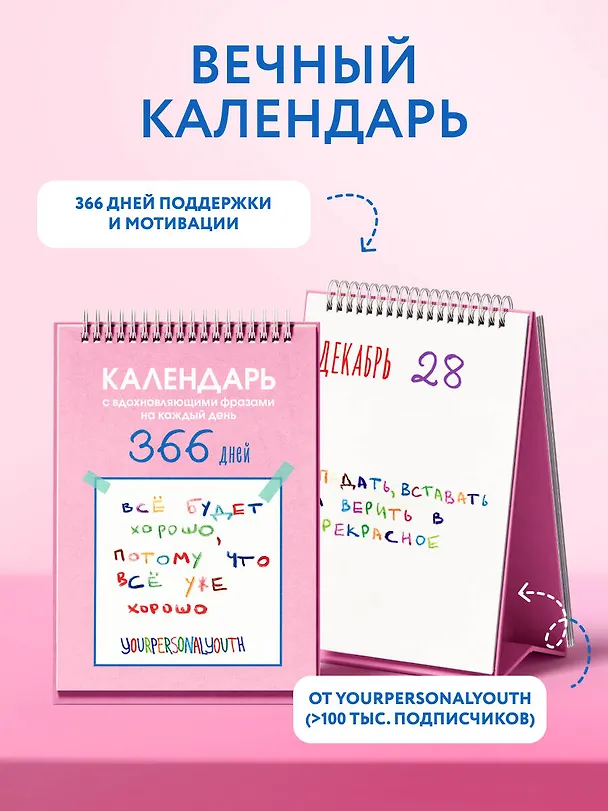 Все будет хорошо. Календарь с вдохновляющими фразами на каждый день от канала “Твоя личная юность”. Вечный настольный календарь-домик на 2026 год 3134542 — 3